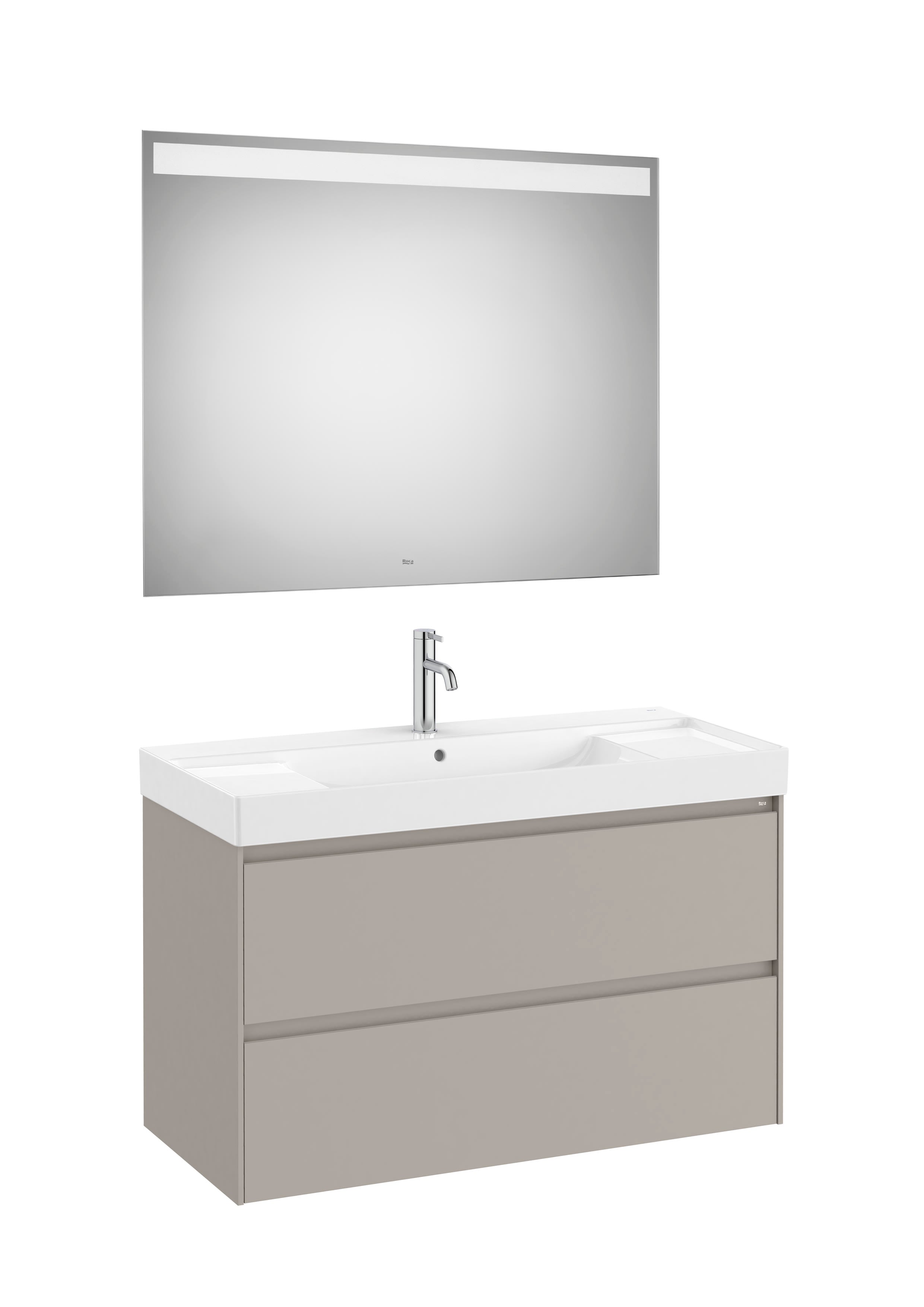 Roca - Ona Pack móvel base de dois gavetões, lavatório de Fineceramic® e espelho LED Eidos