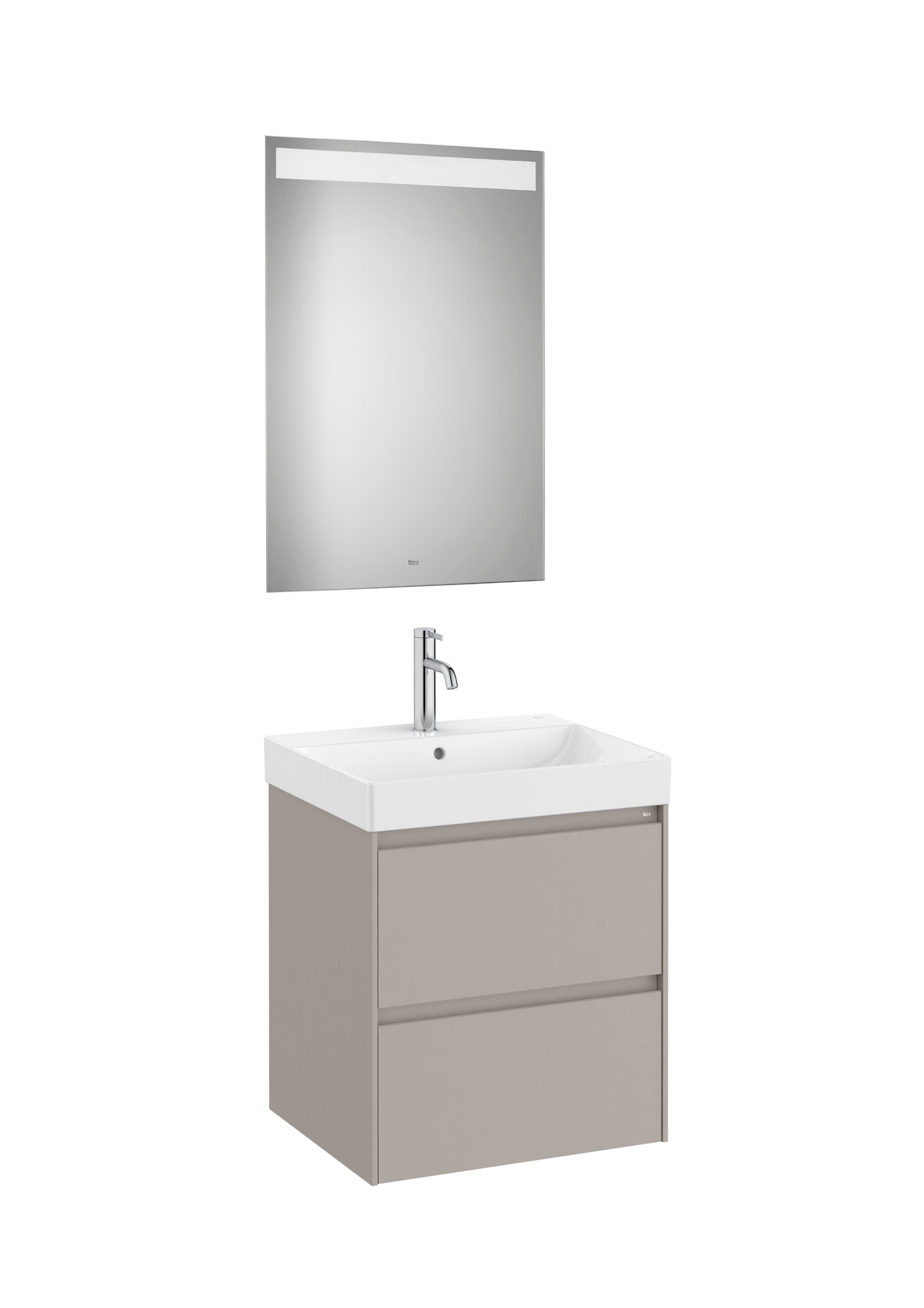 Roca - Ona Pack móvel base de dois gavetões, lavatório de Fineceramic® e espelho LED Eidos