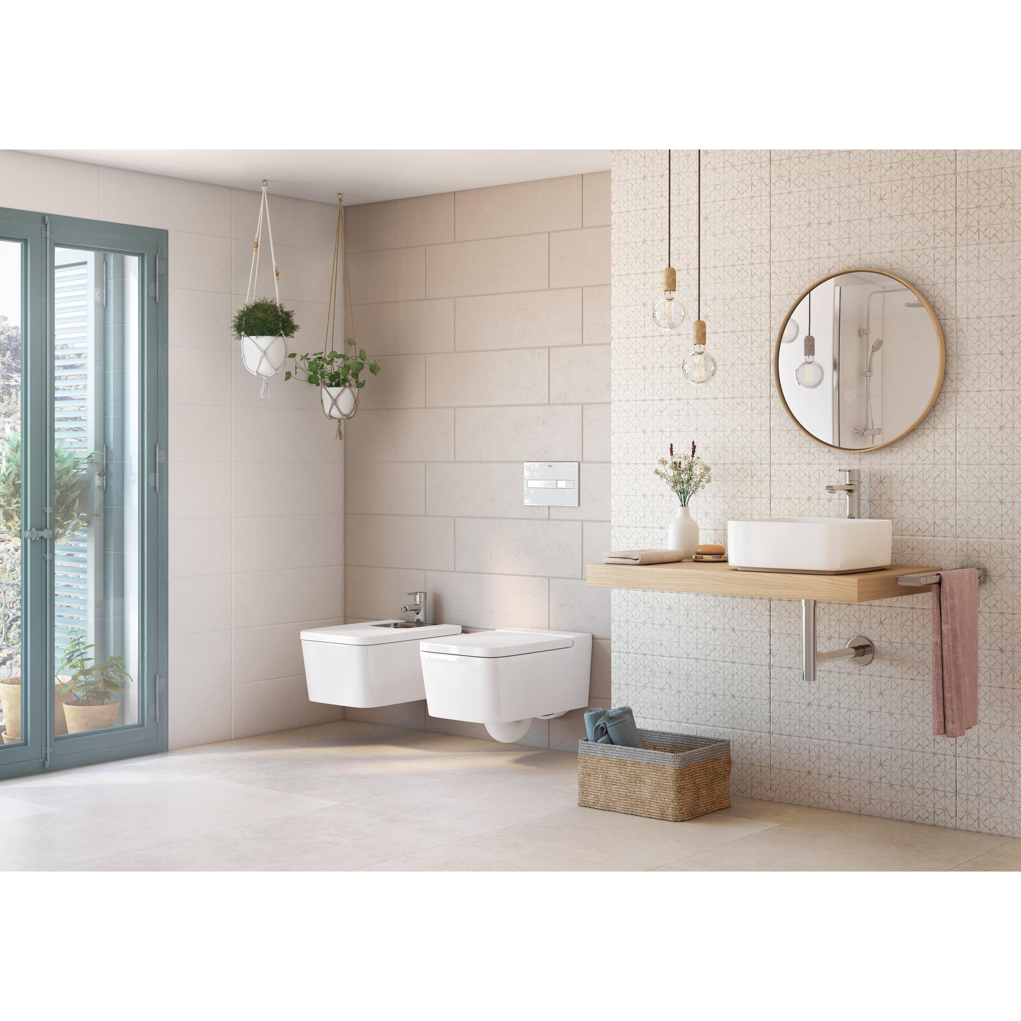 Roca - Inodoro completo suspendido square inspira Rimless® con salida horizontal beige