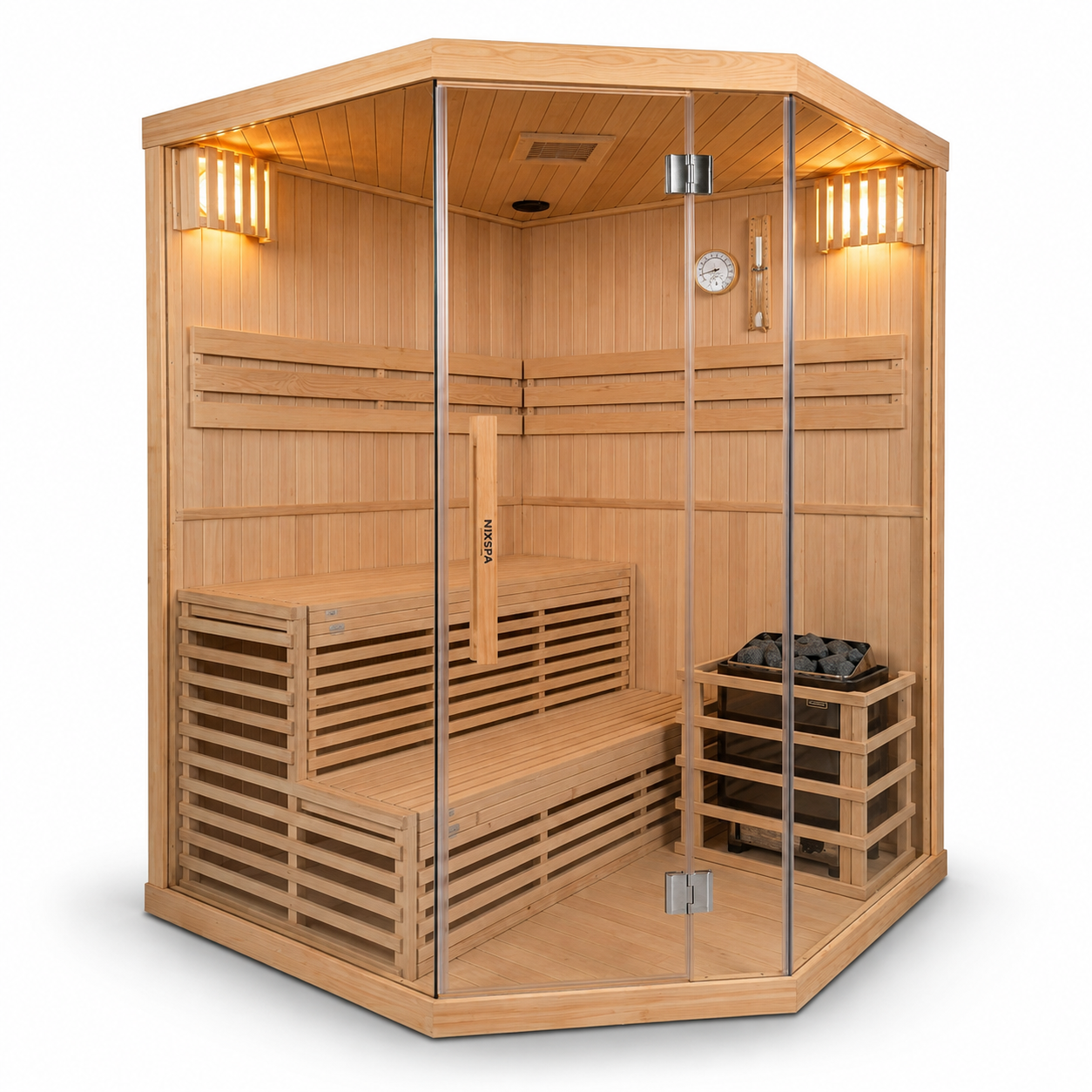 Sauna finlandese angolare per 4-5 persone in Hemlock canadese