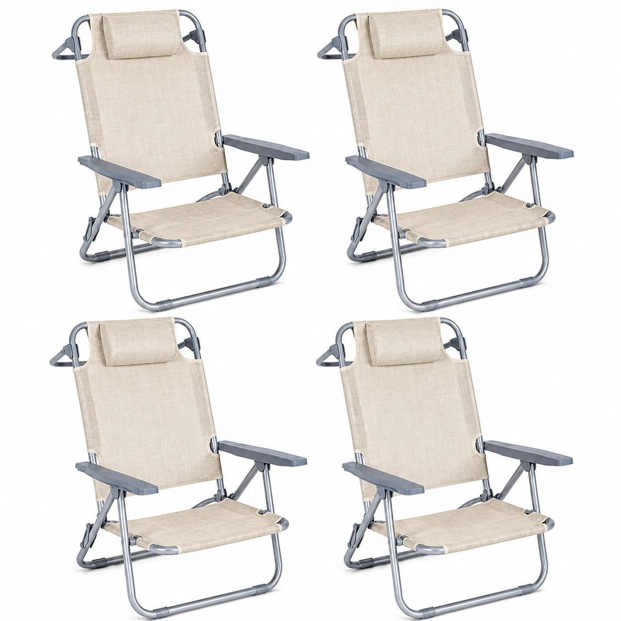 Set 4 Sedie Pieghevoli Reclinabili con Poggiatesta Portatile