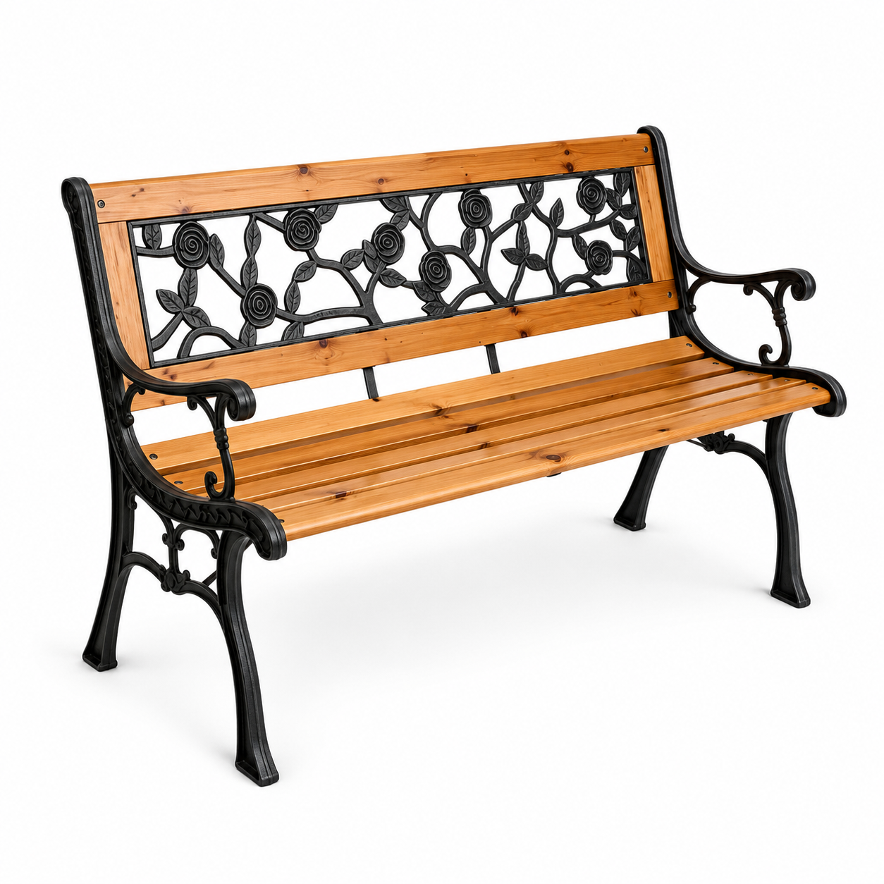 Banco de Jardín de Madera y Metal con Respaldo Floral Decorativo