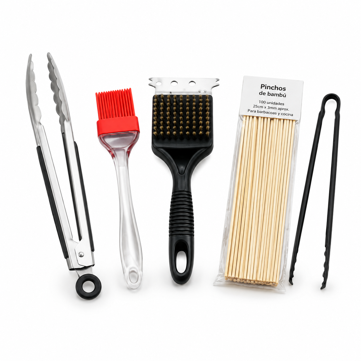 Set Profesional Utensilios Barbacoa 5 Piezas Inoxidable Mangos Silicona