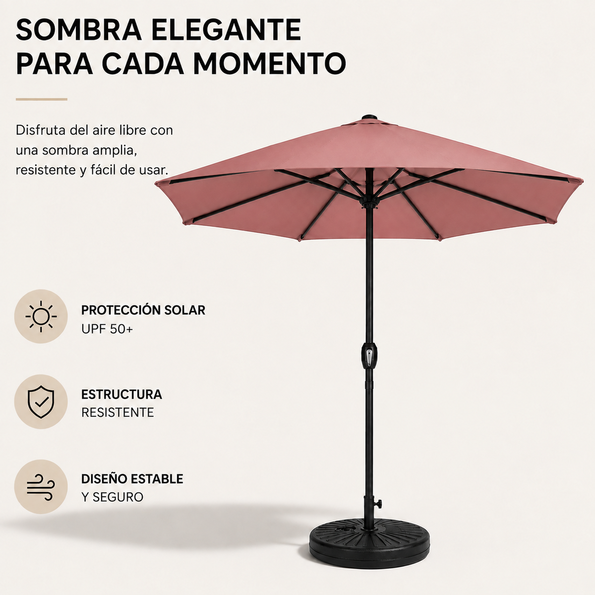 Pack parasol droit 3 m kaki + base ronde à remplir