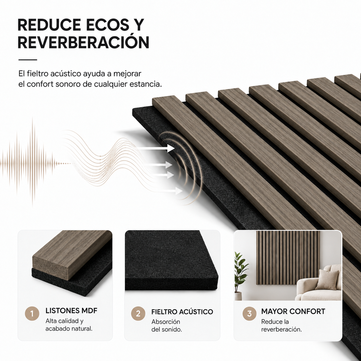 Panneau acoustique décoratif MDF effet bois avec feutre 120x60 cm pack de 4