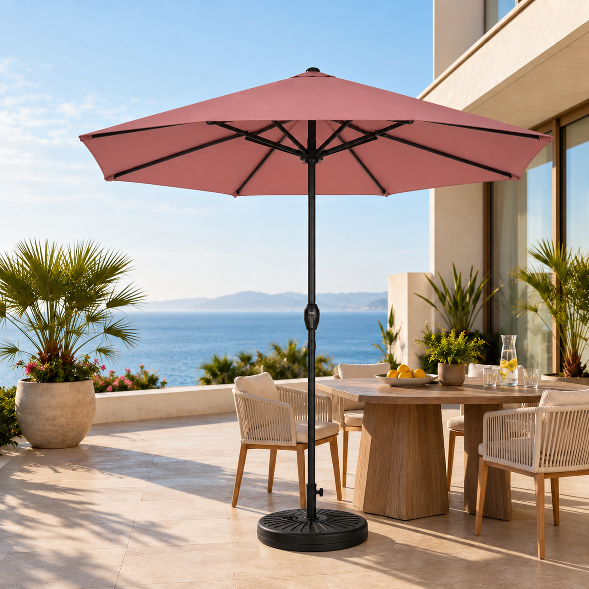 Pack parasol droit 3 m kaki + base ronde à remplir