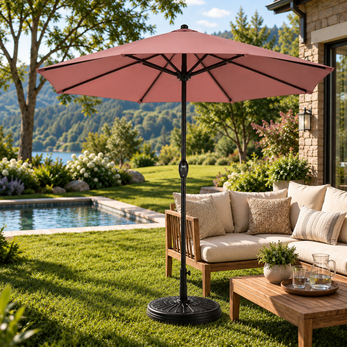 Pack parasol droit 3 m kaki + base ronde à remplir