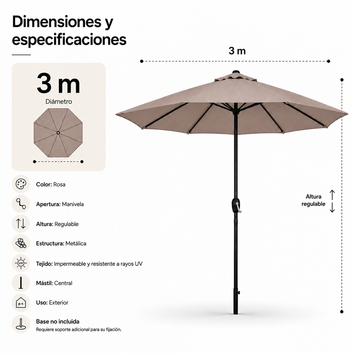 Verstelbare parasol voor de tuin, 3 meter, met uv-bescherming