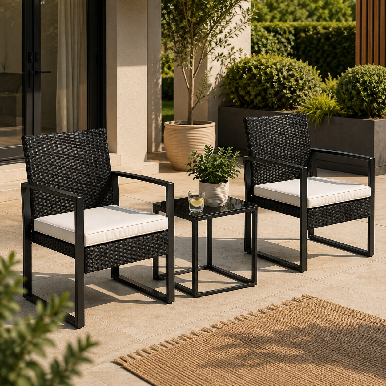 3-teiliges Garten-Set aus PE-Rattan mit gepolsterten Kissen