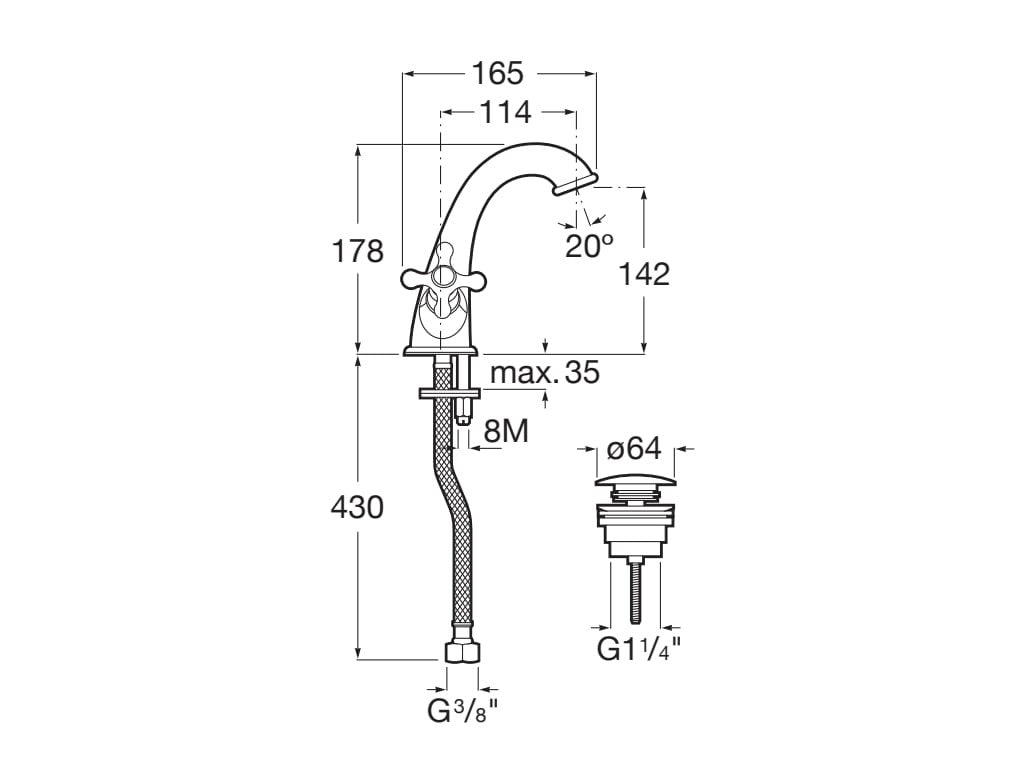 Roca - Grifo de lavabo bimando Carmen con cuerpo liso y desagüe click-clack A5A3A4BC00