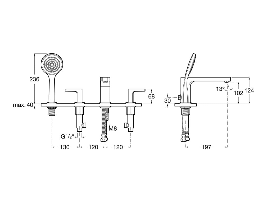 Roca - Mezclador bimando de repisa para baño-ducha L90 A5A0901C00