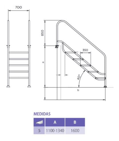 Qp - escada 5 etapas de fácil acesso à largura especial INOX AISI 316L