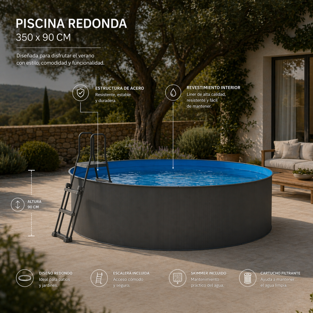 Piscina elevada sin obra de acero redonda antracita 350 x 90 cm