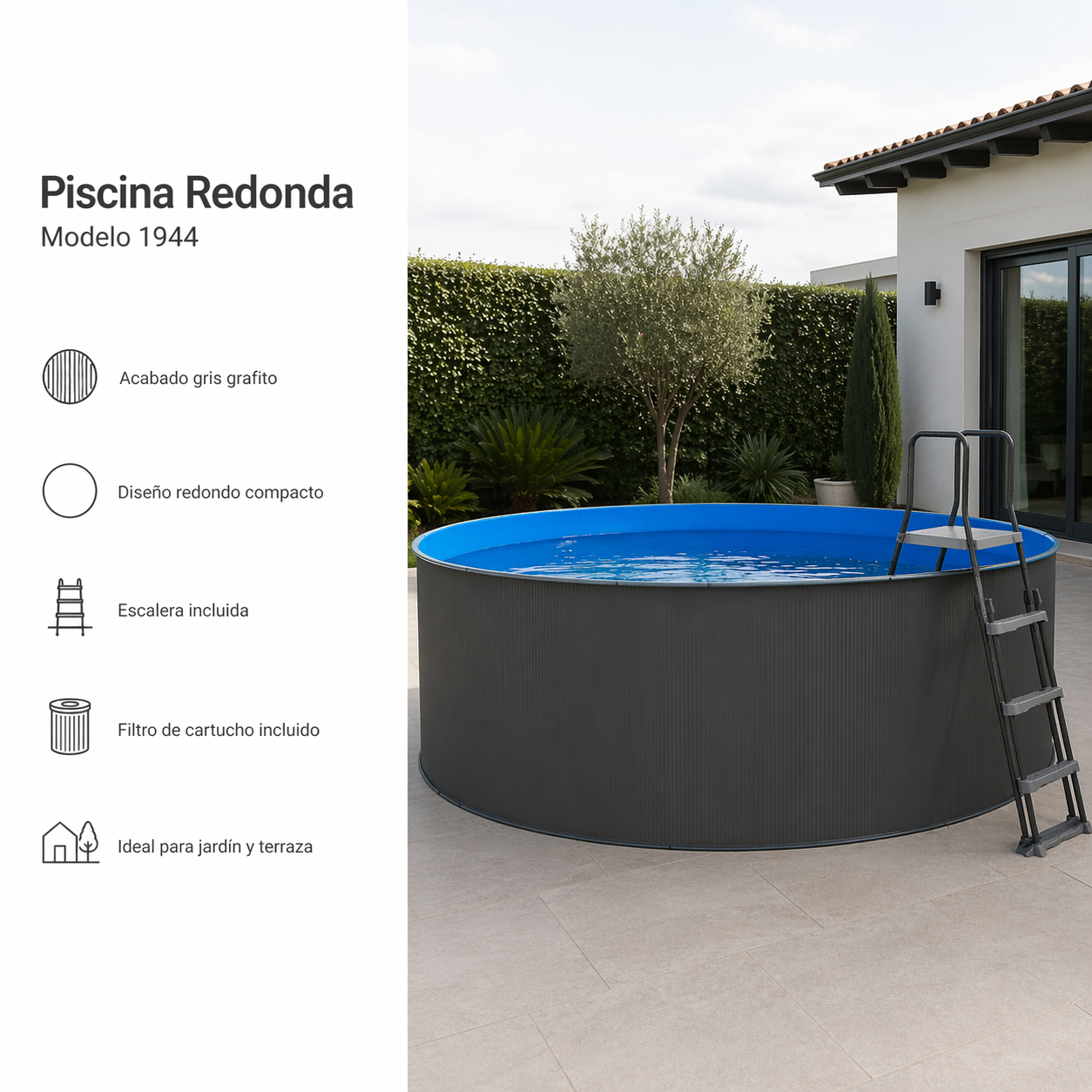 Piscina elevada sin obra de acero redonda antracita