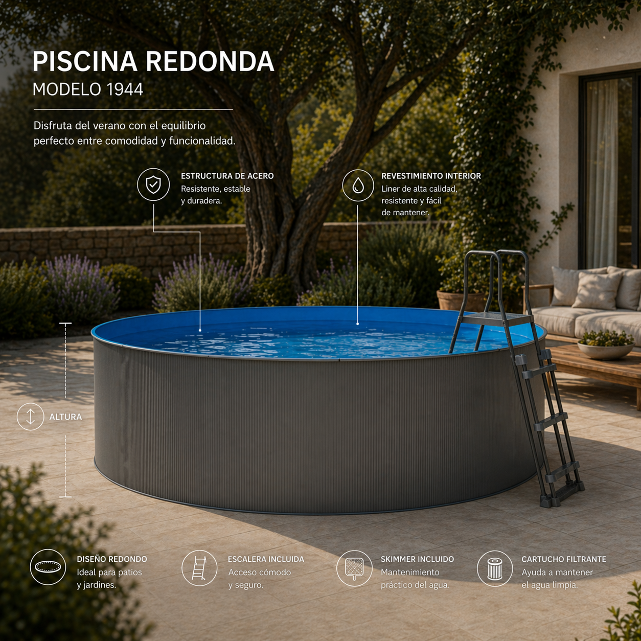 Piscina elevada sin obra de acero redonda antracita