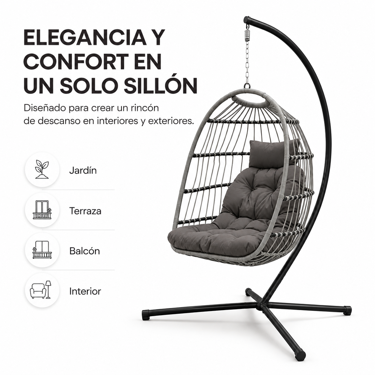 Sillón Colgante Huevo Jardín Con Cojines Acolchados Estructura Metálica