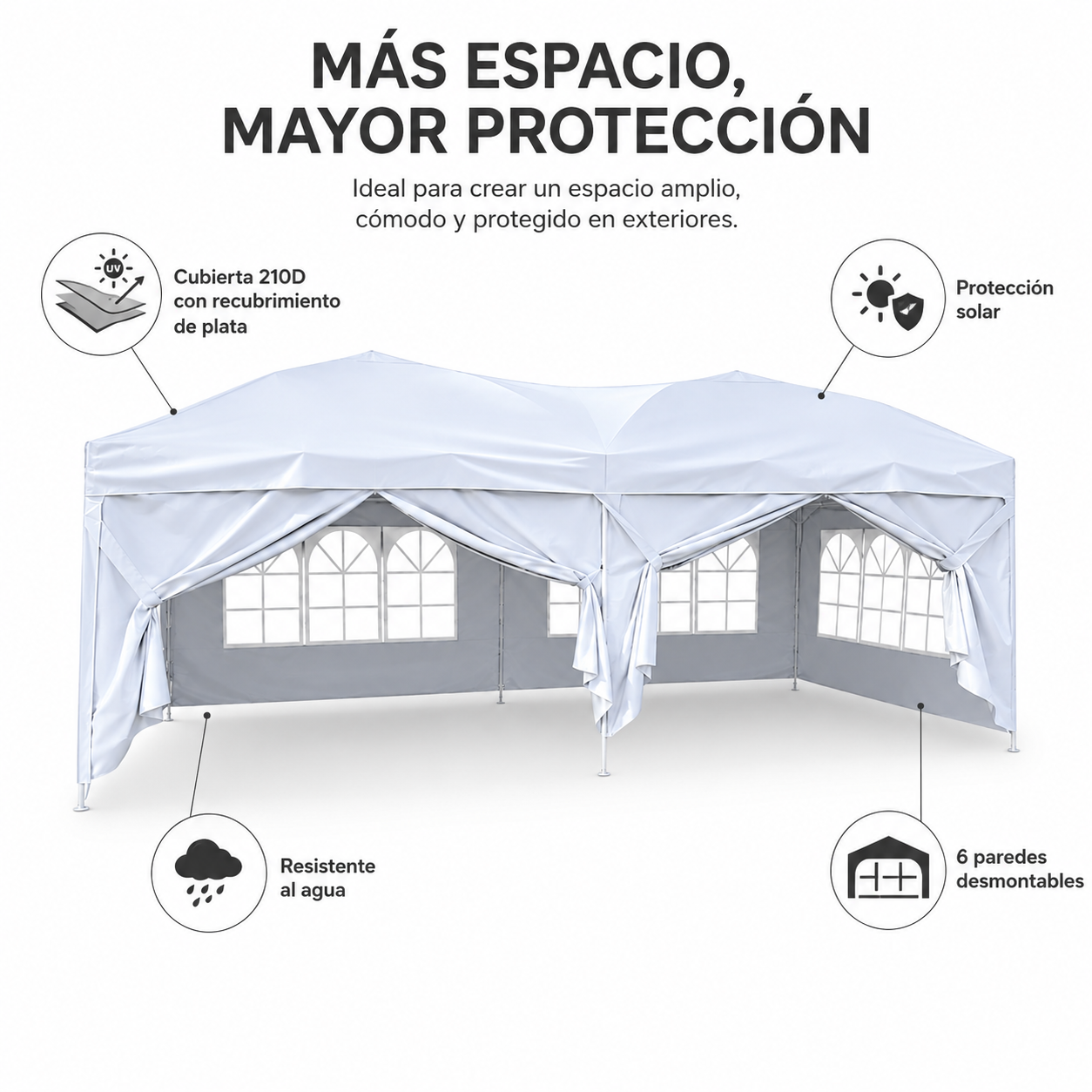 Opvouwbare partytent 6x3 M met 6 wanden en versterkte constructie