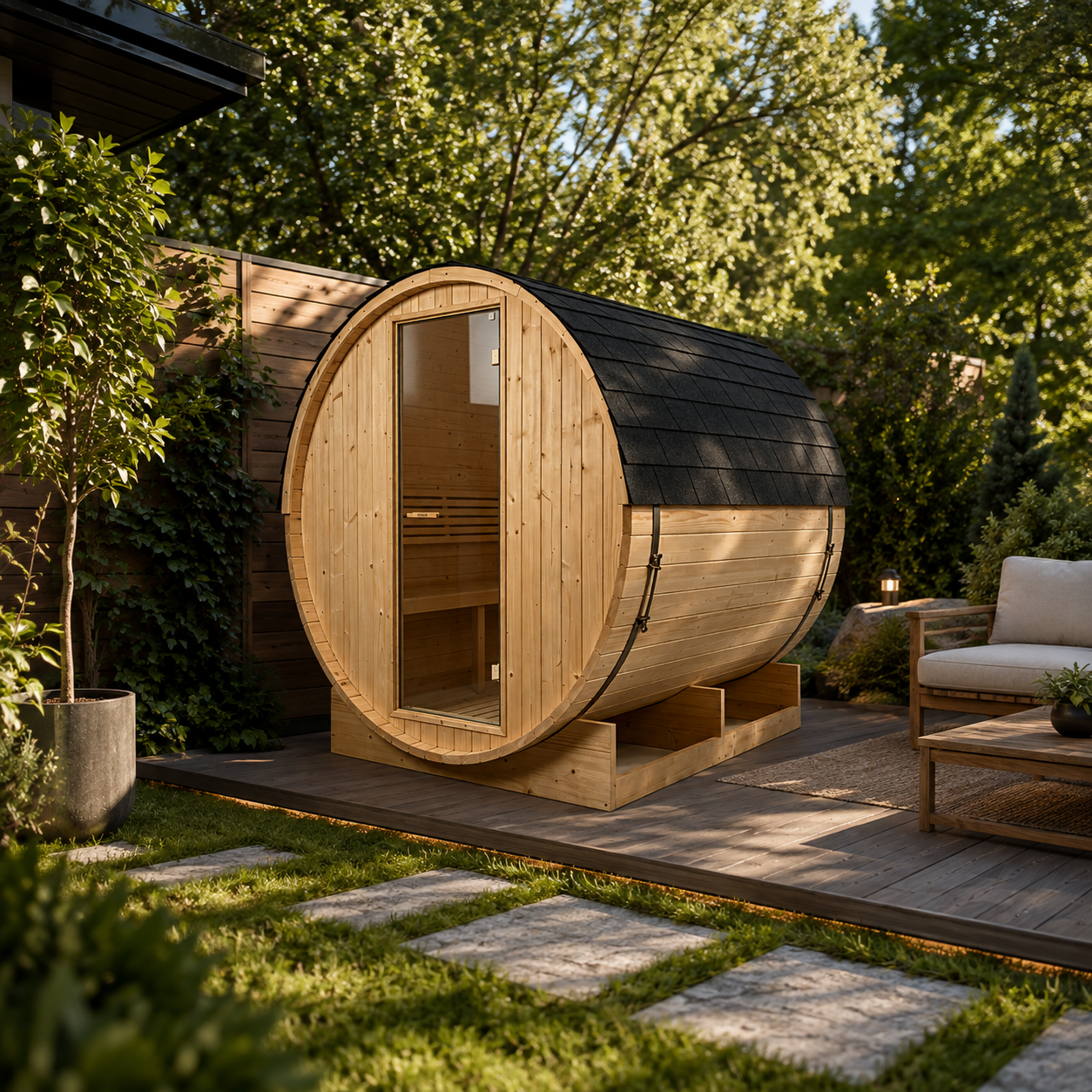 Sauna a botte da esterno per giardino 3-4 persone in legno di abete 6 kW tetto a tegole