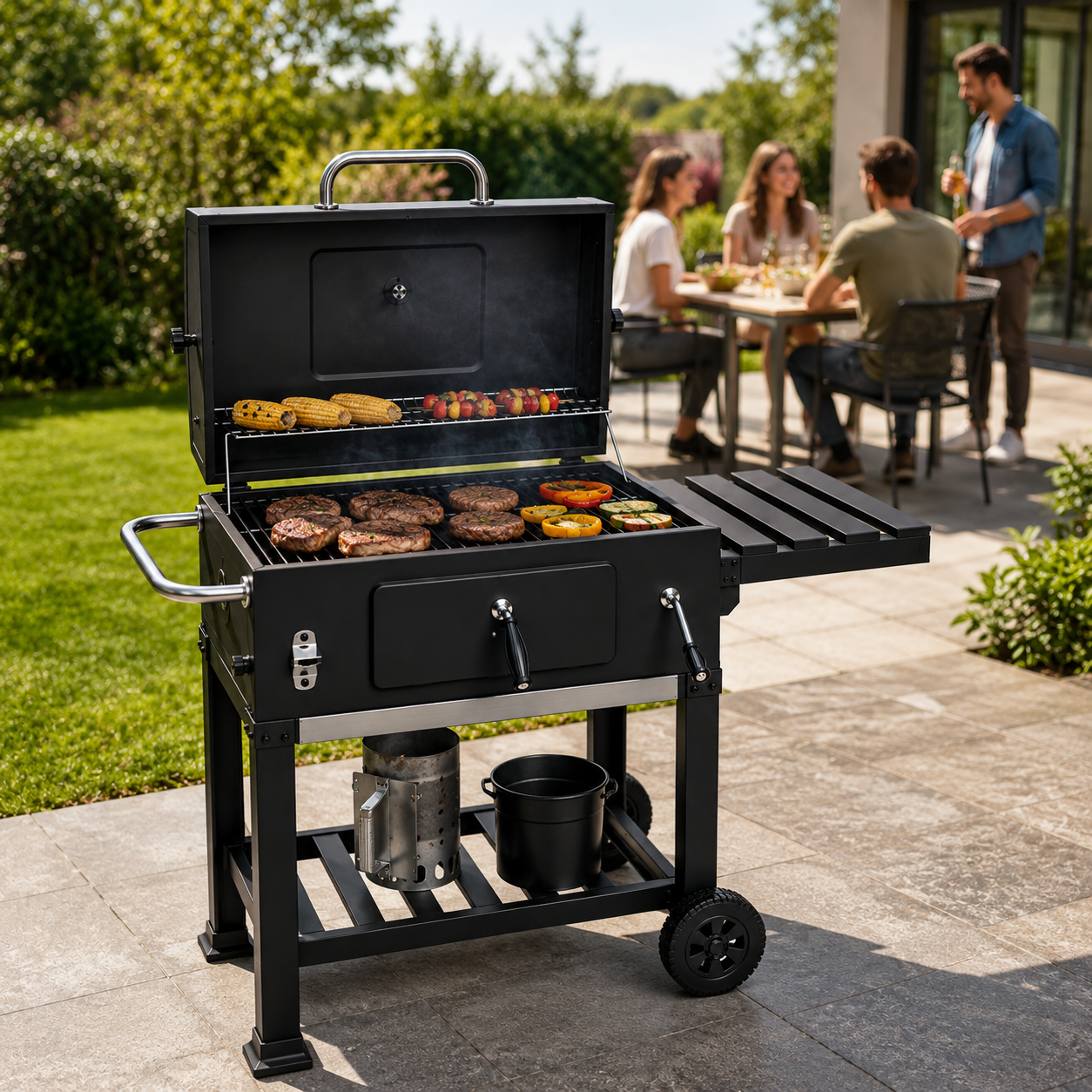 Barbecue au charbon avec couvercle et chariot auxiliaire