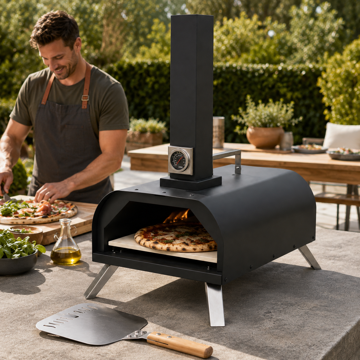 Houtskoolbarbecueoven voor pizza met geïntegreerde schoorsteen en grillrooster