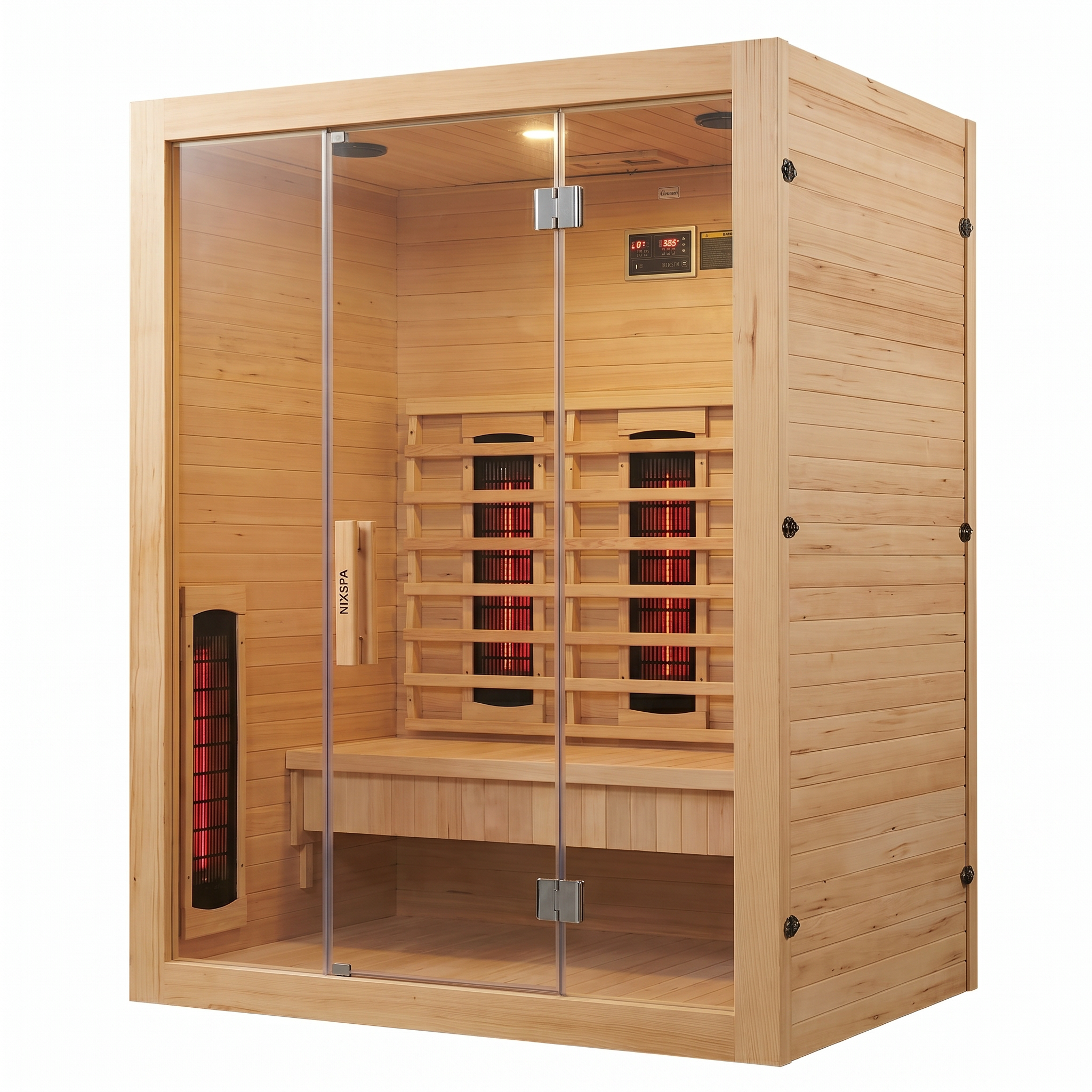 Infrarotsauna für 3 Personen aus Massivholz mit 6 Paneelen, Bluetooth und Panoramatür