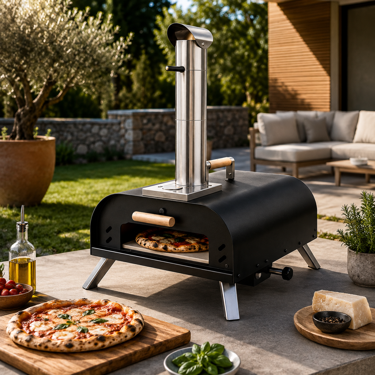 Forno per Pizza Portatile a Carbone con Camino e Termometro Integrato