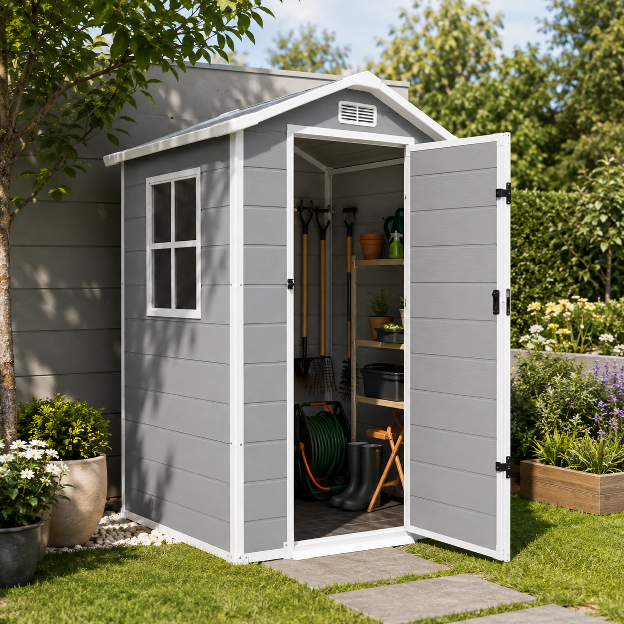 Resin tuinhuisje 4x3" voor buiten, met raam, ventilatie en veiligheidssluiting