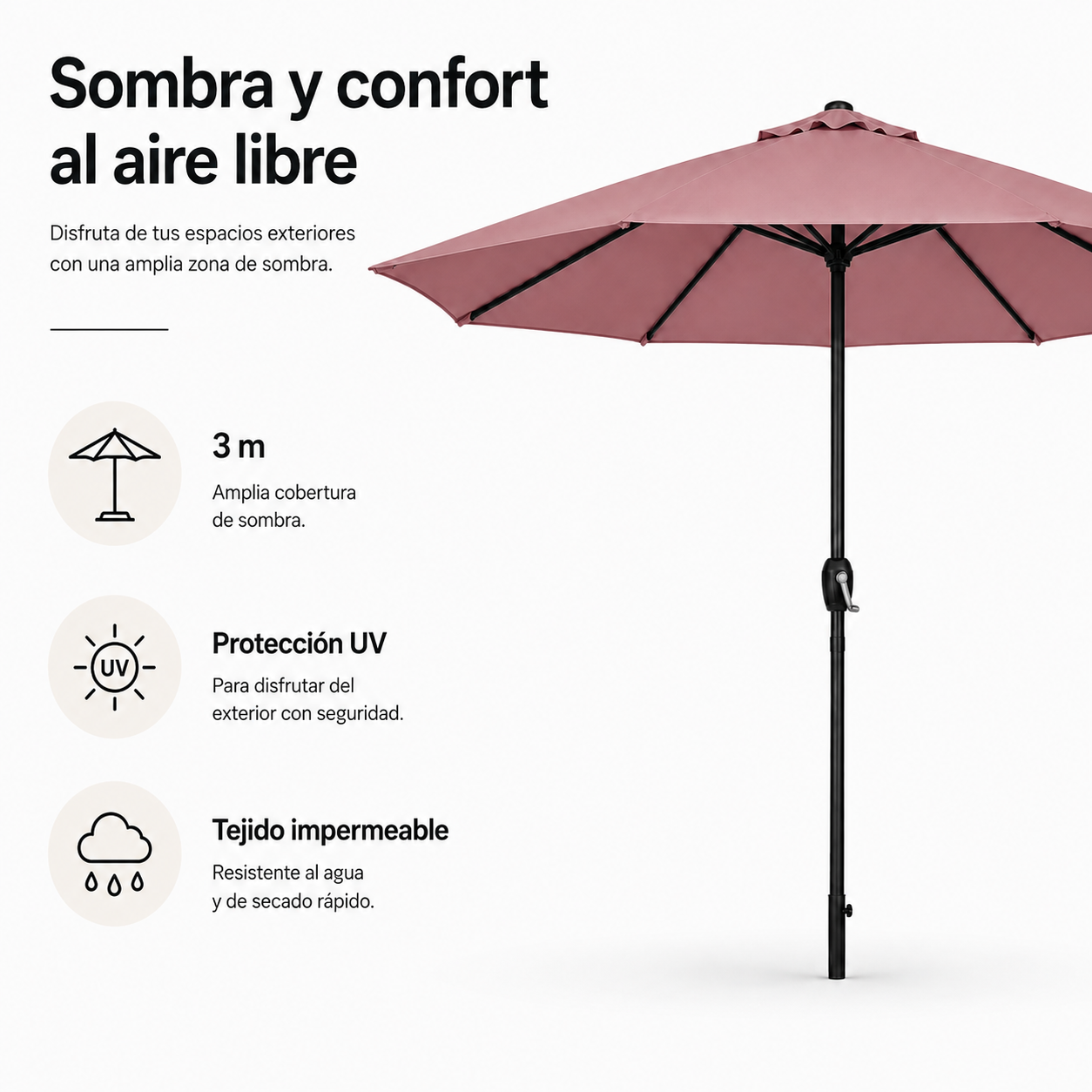 Sombrilla 3 metros De Jardín Regulable Protección UV