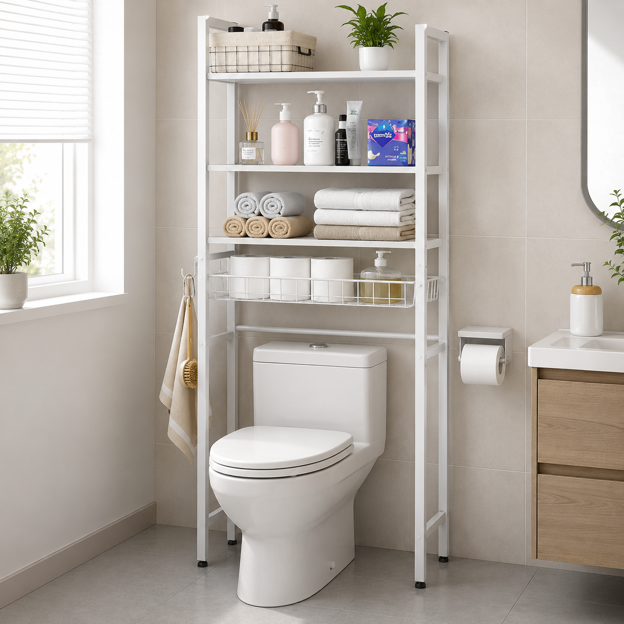 3-stöckiges Regal über der Toilette mit Haken