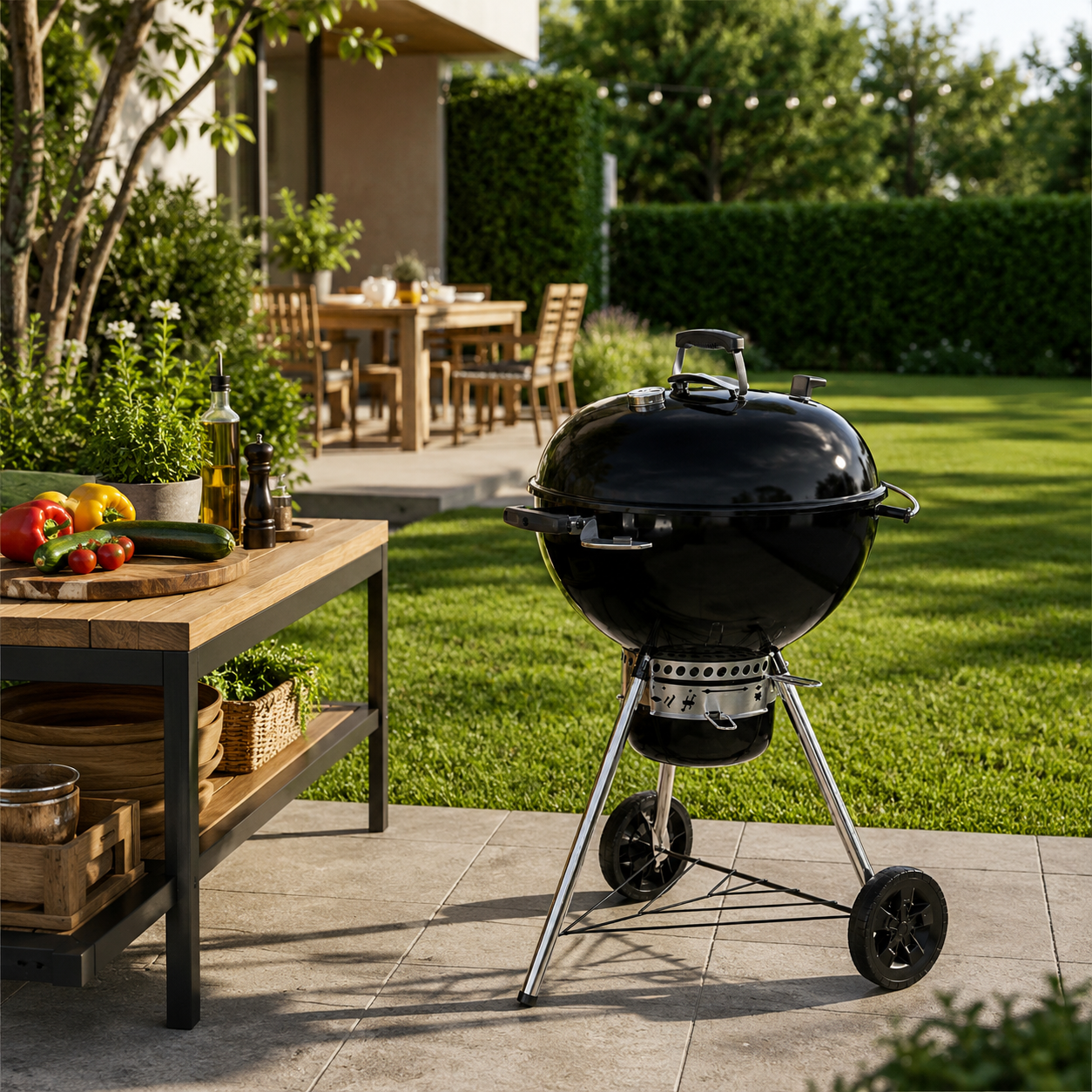 Draagbare ronde houtskoolbarbecue met deksel