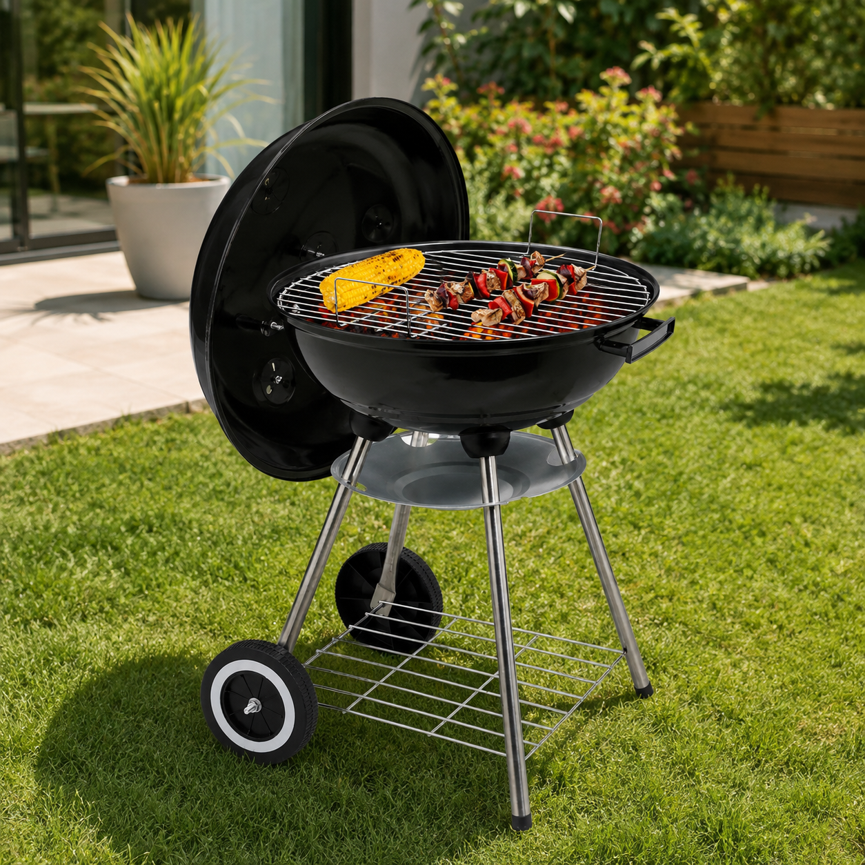 Barbecue au charbon rond portable avec couvercle et ventilation