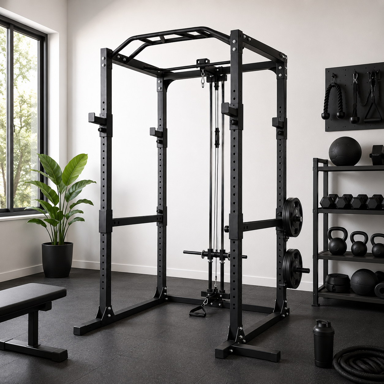 Multifunctioneel power rack met hoge en lage katrol en optrekstang voor thuis