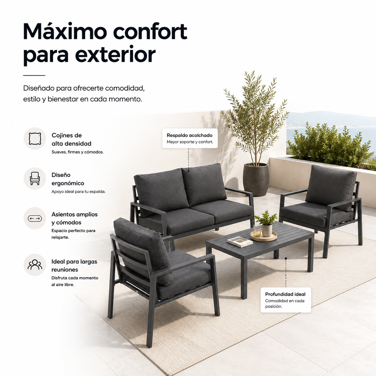 Set Da Giardino Divano Angolare Modulare In Alluminio Antracite