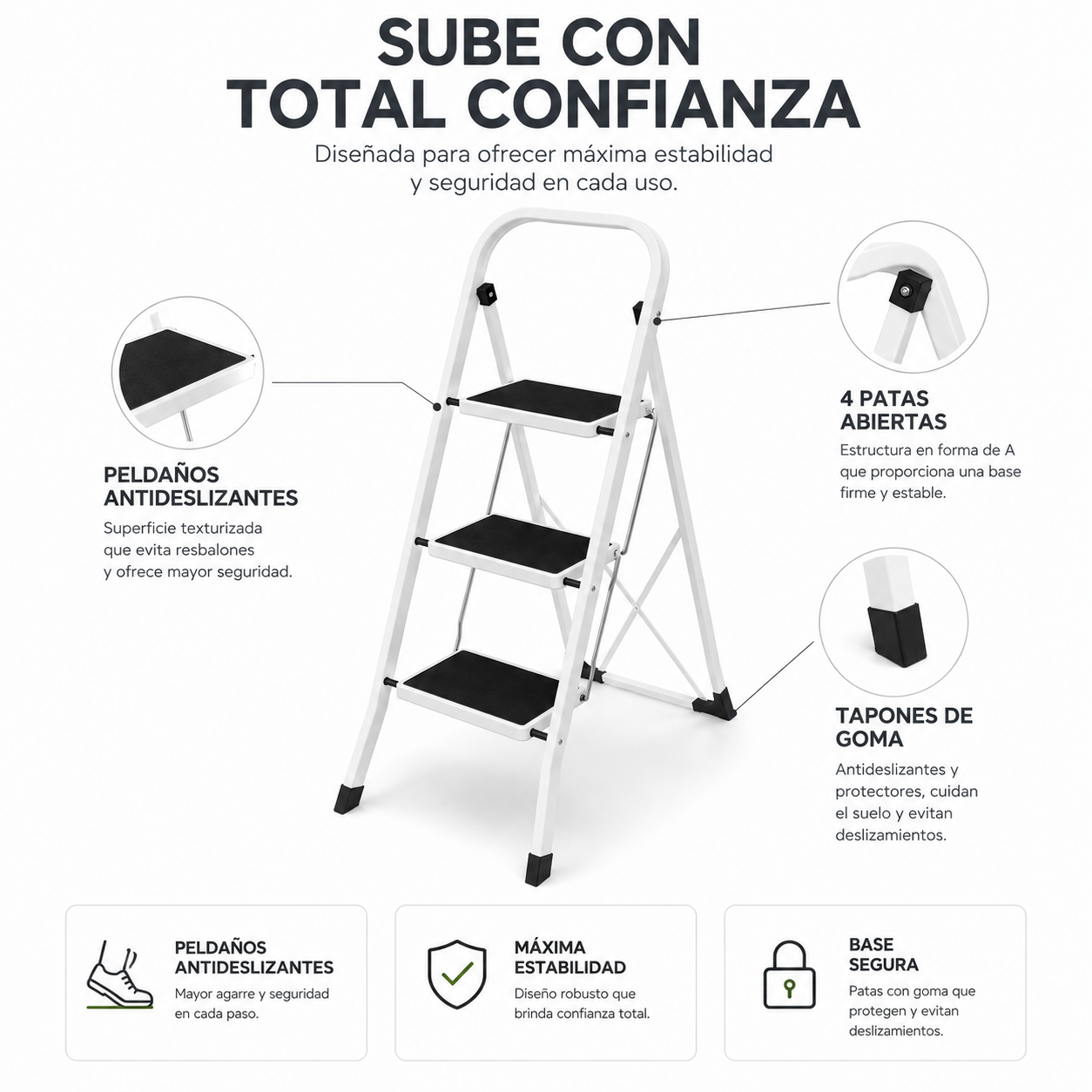 Escalera plegable con superficie antideslizante de 3 peldaños