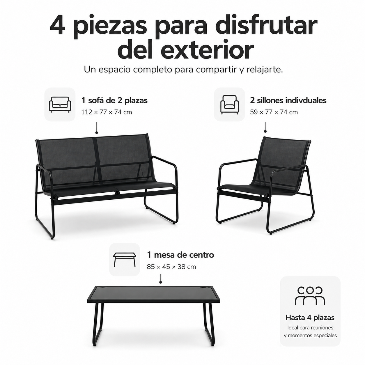 Conjunto de Jardín Acero Textilene 4 Piezas Mesa Cristal