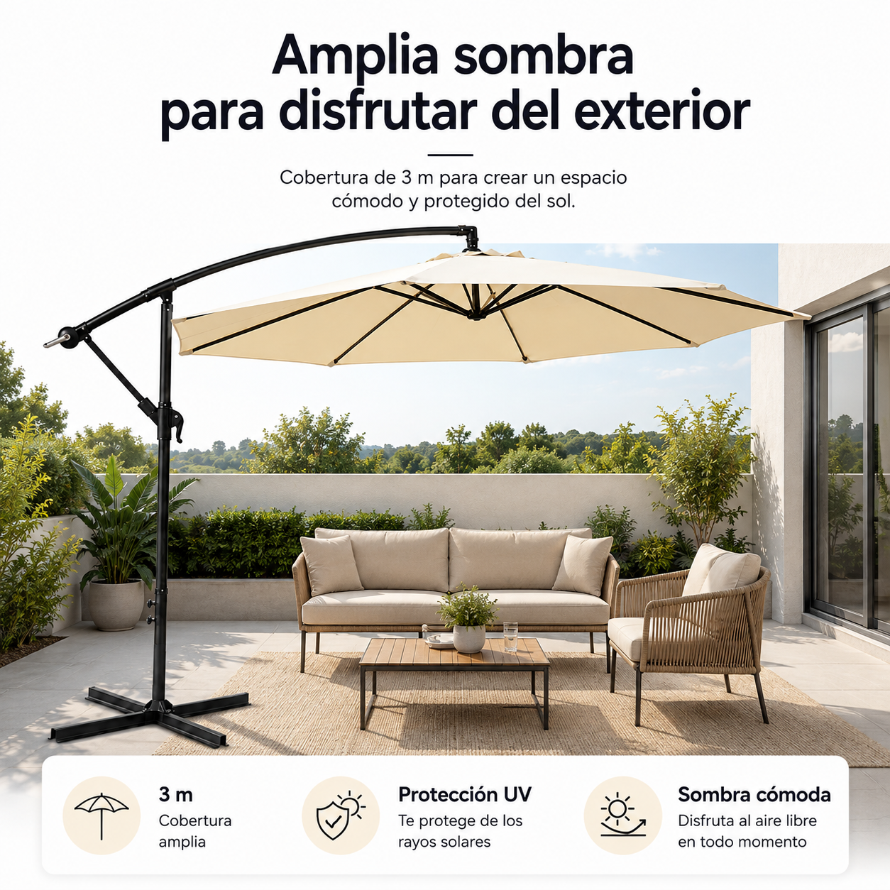 Ombrellone Laterale 3 Metri Inclinabile a 360° con Asta e Manovella Beige Senza Base