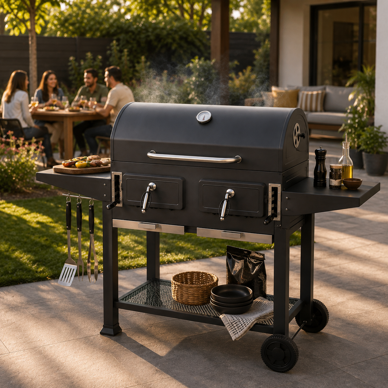 Houtskoolbarbecue met dubbele kuip en verstelbare ventilatie