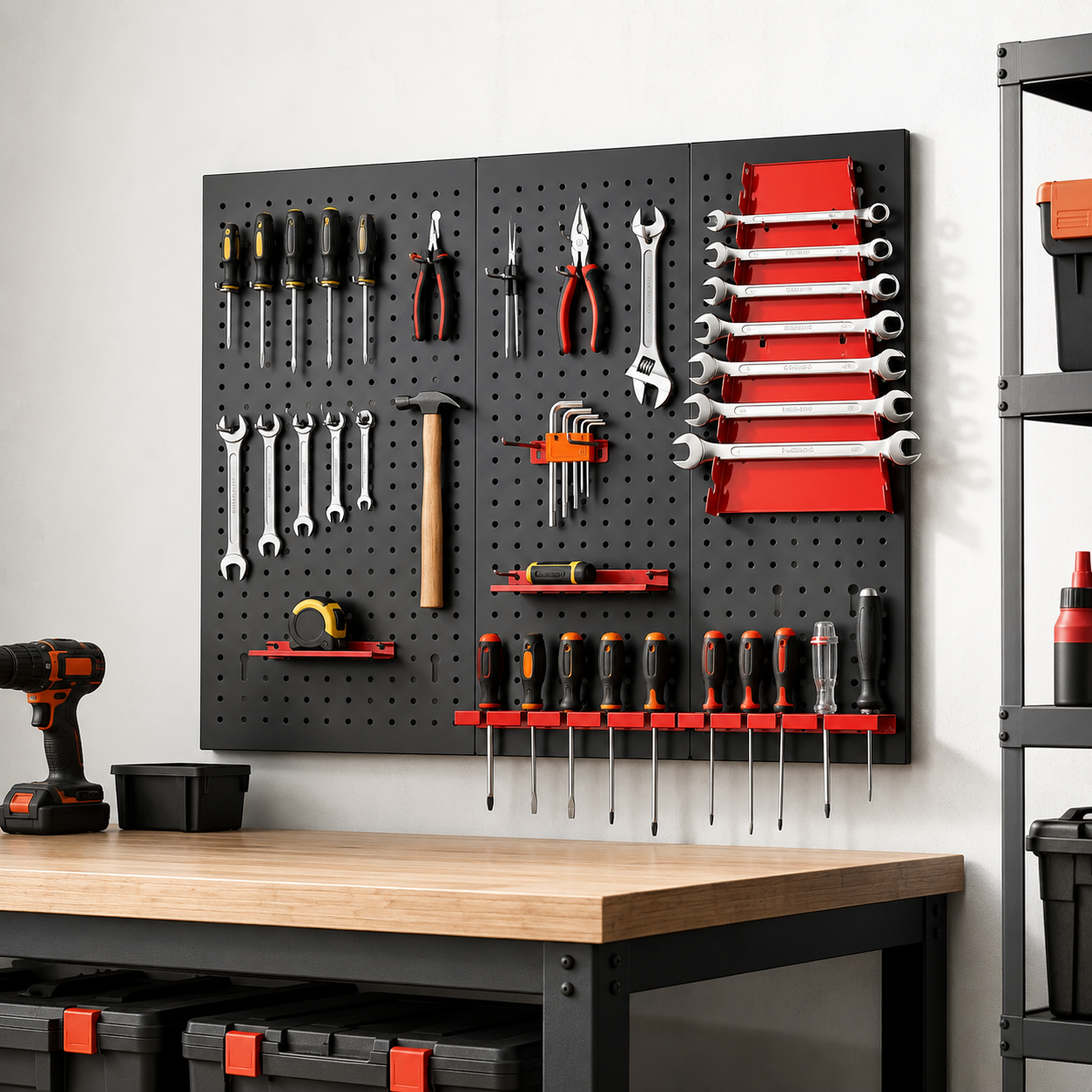 Metalen gereedschapspaneel met haken en houders