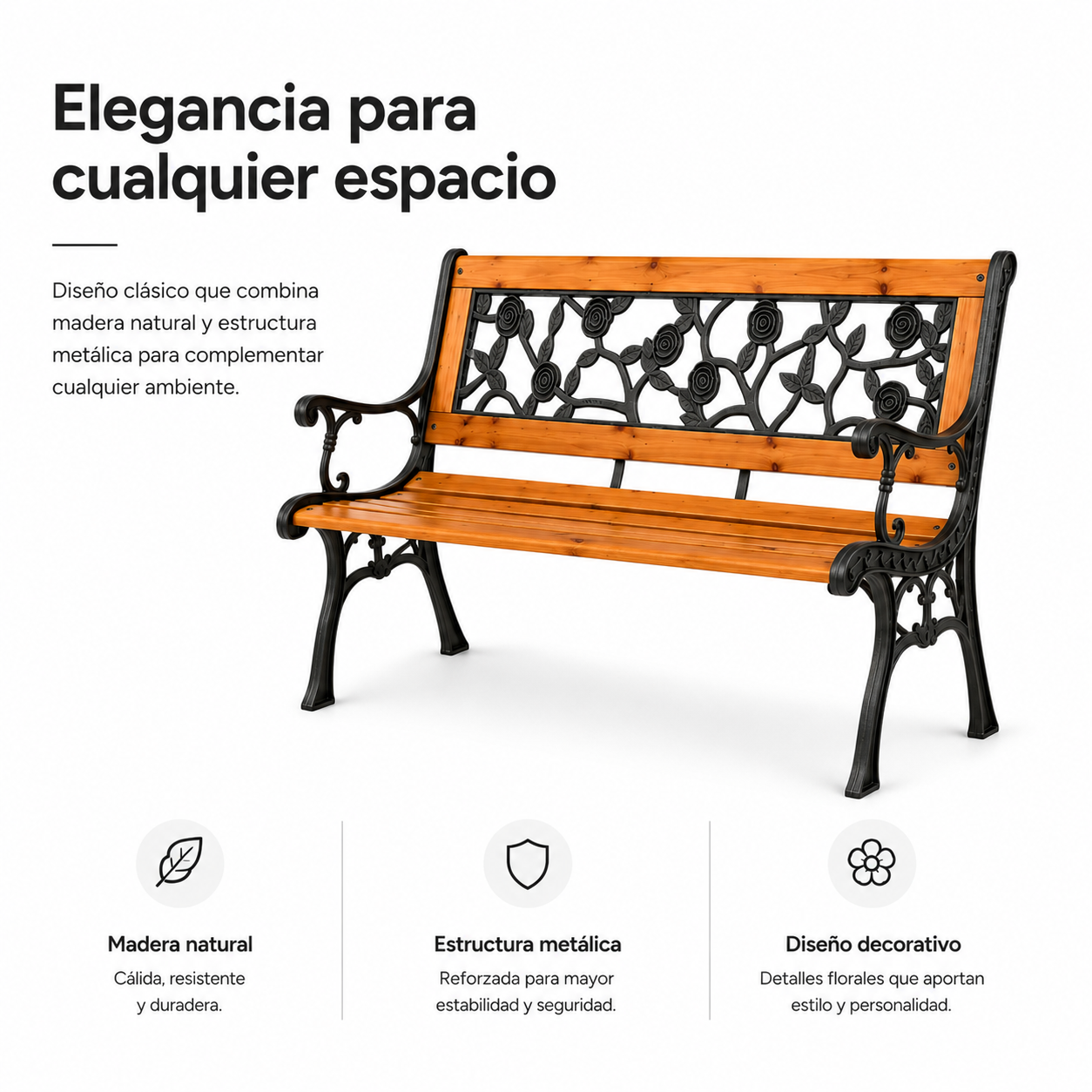 Banco de Jardim de Madeira e Metal com Encosto Floral Decorativo