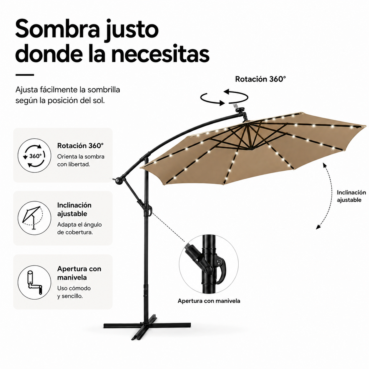 Ombrellone Laterale da Giardino 3 Metri Kaki con LED e Inclinazione a 360°