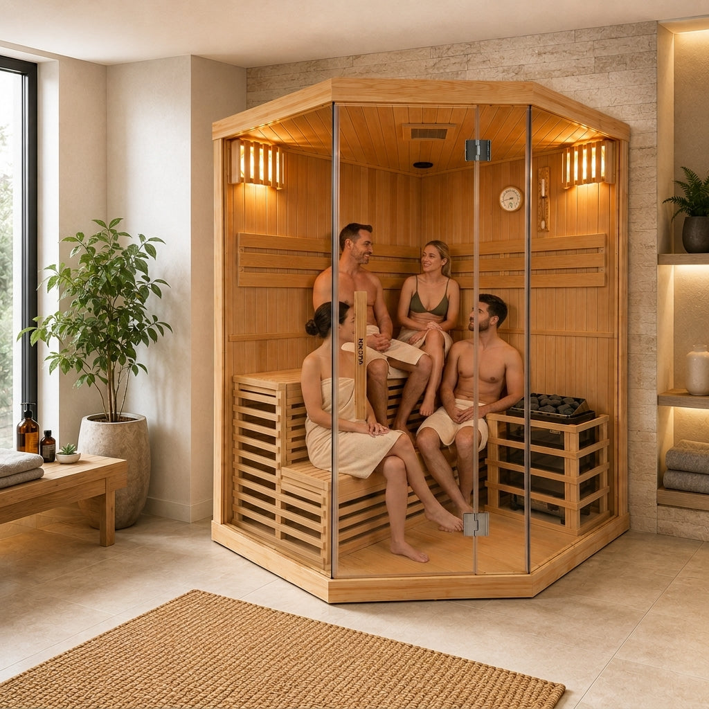 Eck-Finnische Sauna für 4-5 Personen aus kanadischem Hemlock-Holz