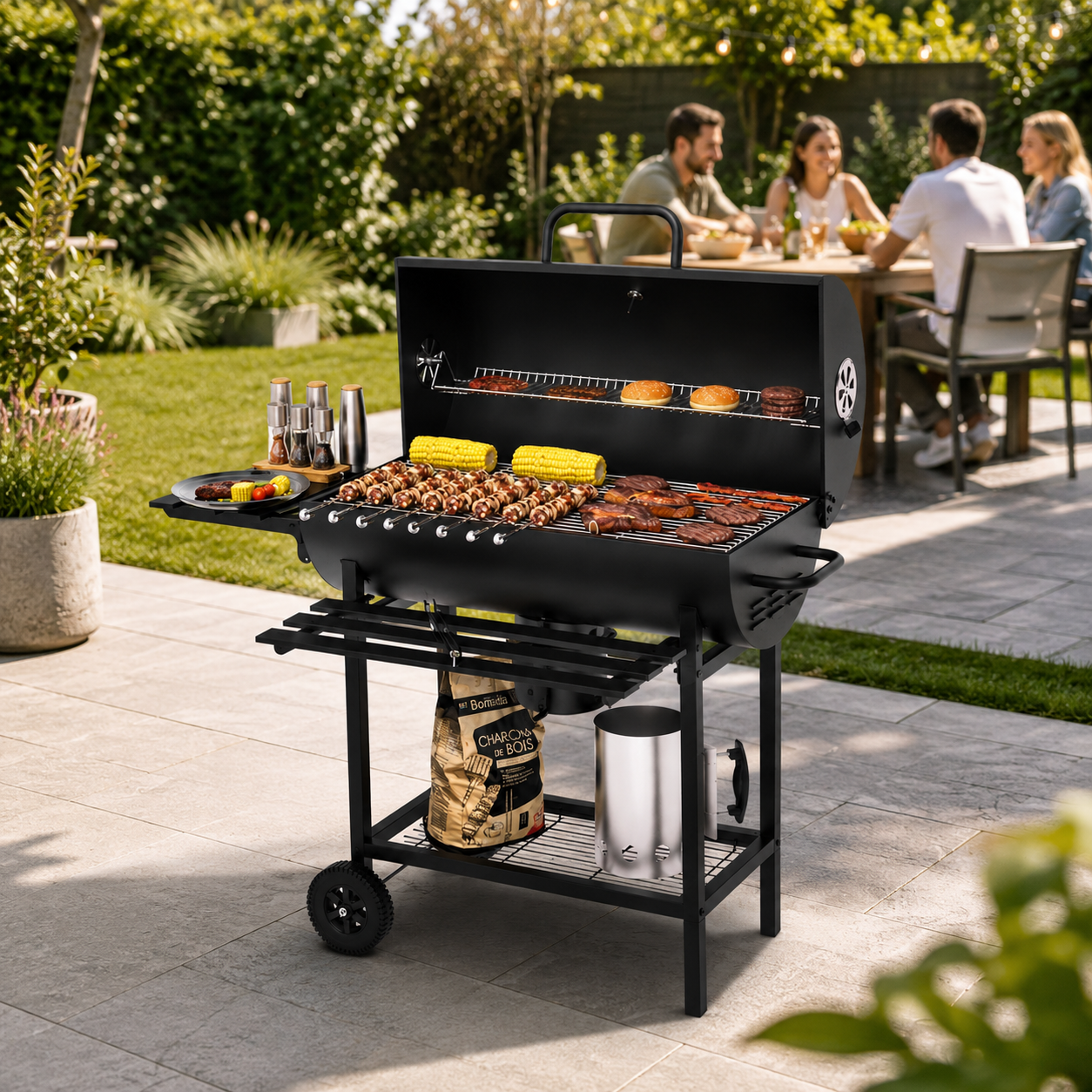 Houtskoolbarbecue met deksel en verstelbare ventilatie voor de tuin, met wielen