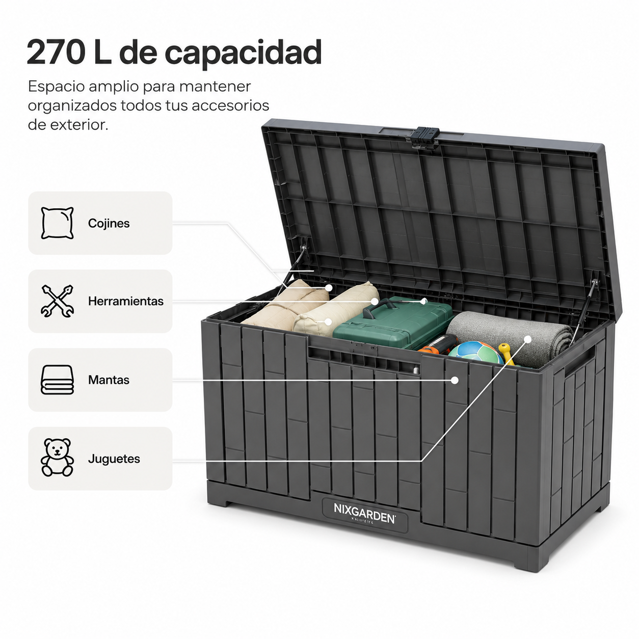 Arcón Jardín Antracita Resina Resistente Efecto Rattan Impermeable