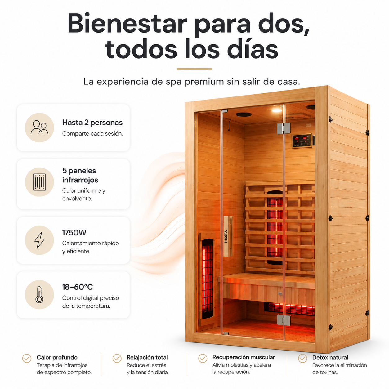 Infraroodsauna voor thuis, voor 2 personen, met 5 panelen, Bluetooth en digitale bediening