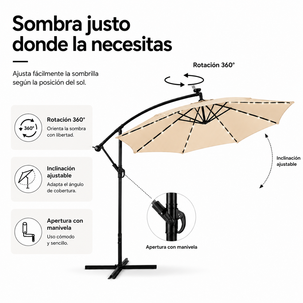 3 Meter seitlicher Sonnenschirm in Beige mit LED-Beleuchtung und 360° Neigung