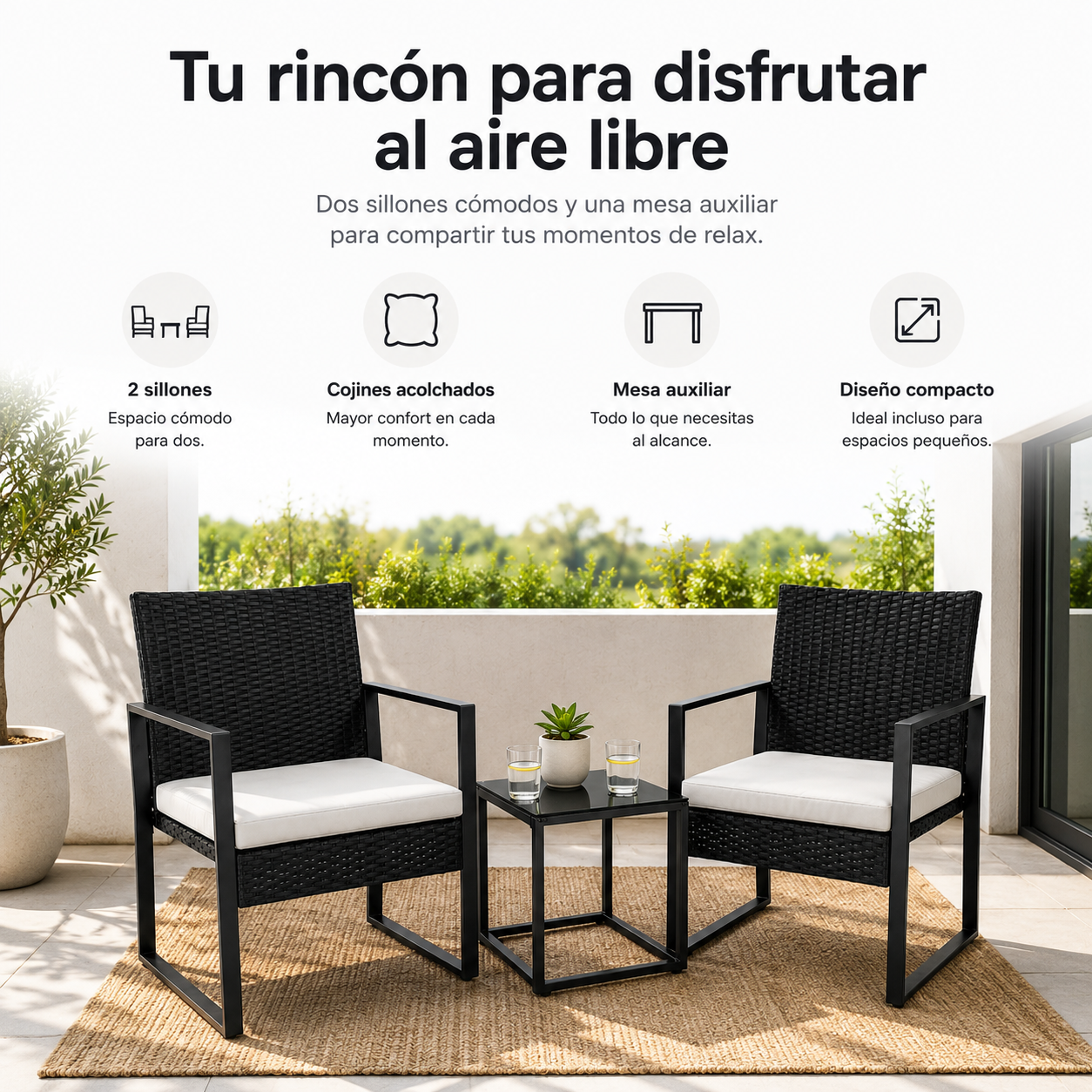 Set da Giardino Esterno in Rattan PE 3 Pezzi con Cuscini Imbottiti