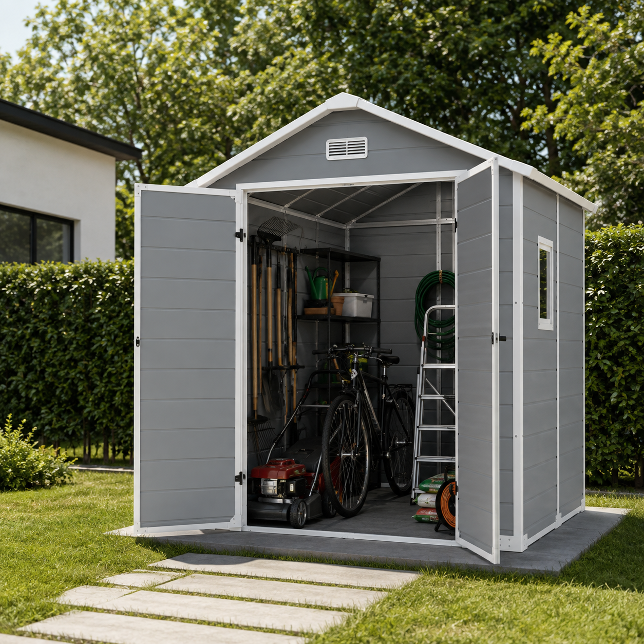 Groot resin tuinhuisje 6x4" met dubbele deur, raam en geïntegreerde ventilatie