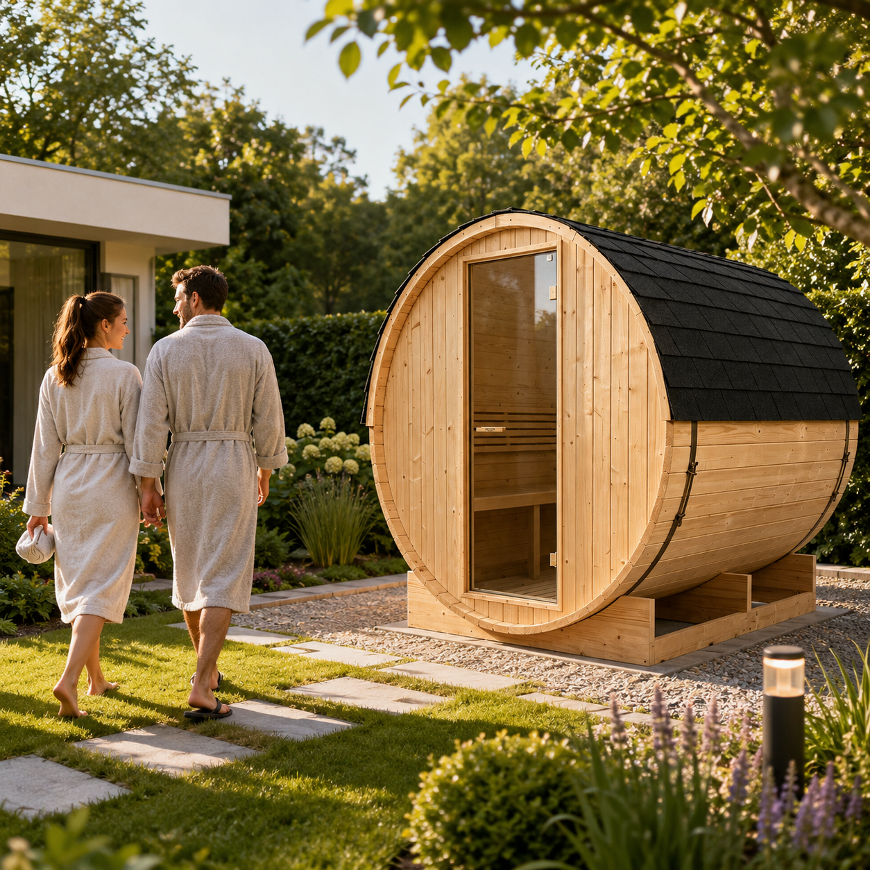 Buitensaunaton voor tuin voor 5–6 personen, sparrenhout, 6 kW, dak met dakpannen