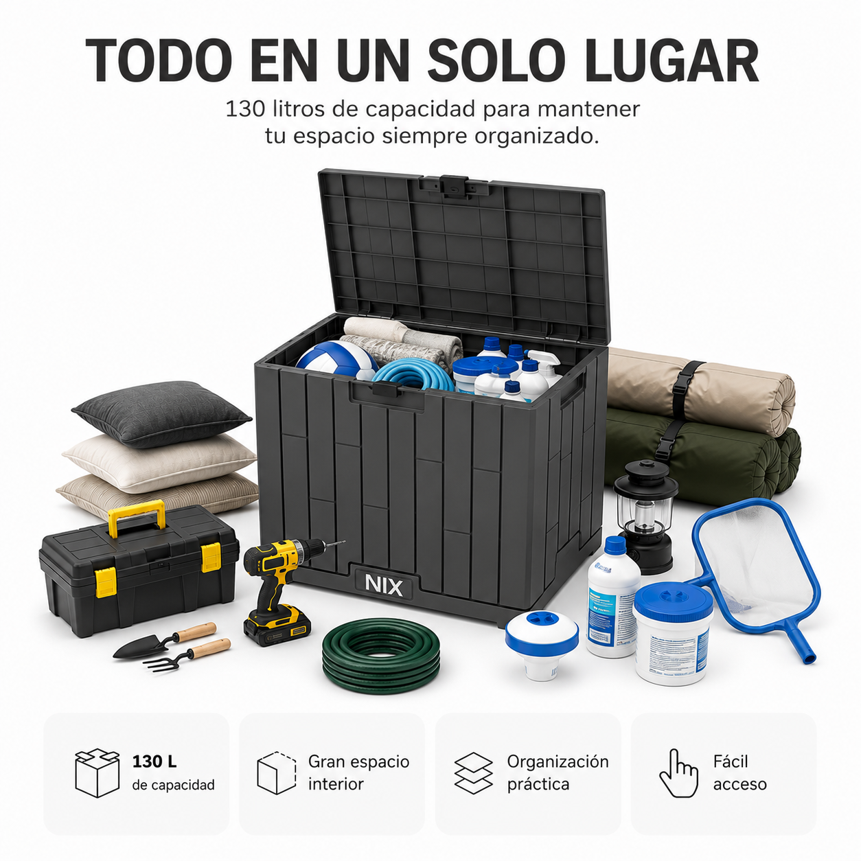 Arcón De Almacenaje Exterior Impermeable 130 L Con Tapa Reforzada