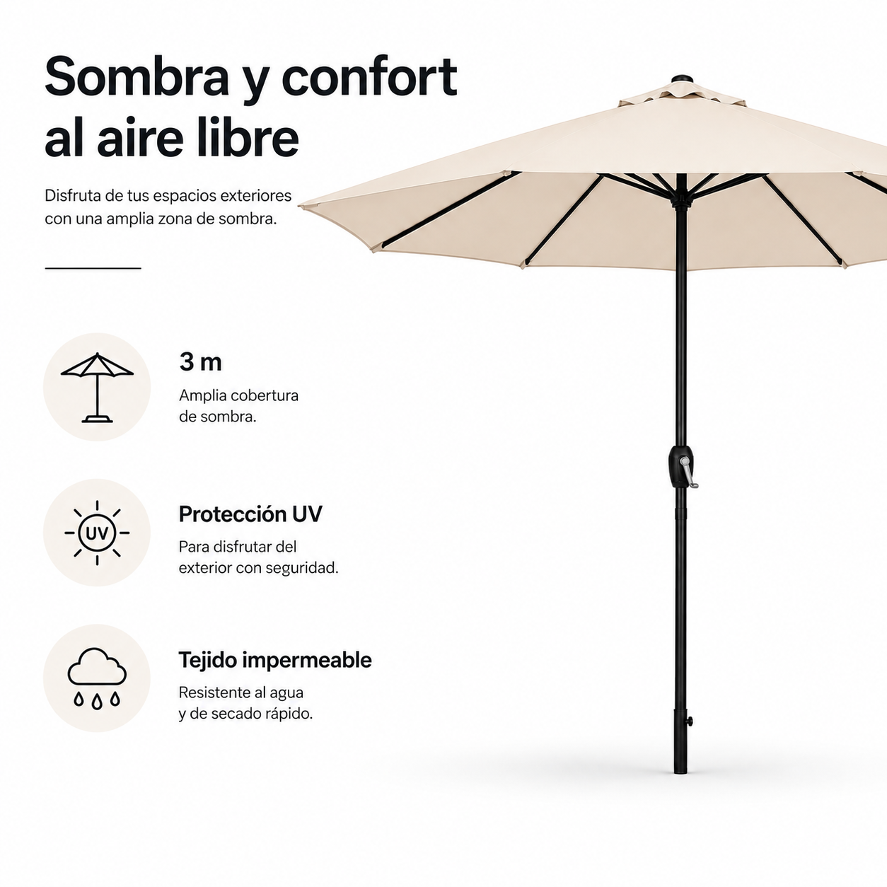 Verstelbare parasol voor de tuin, 3 meter, met zwengel, beige